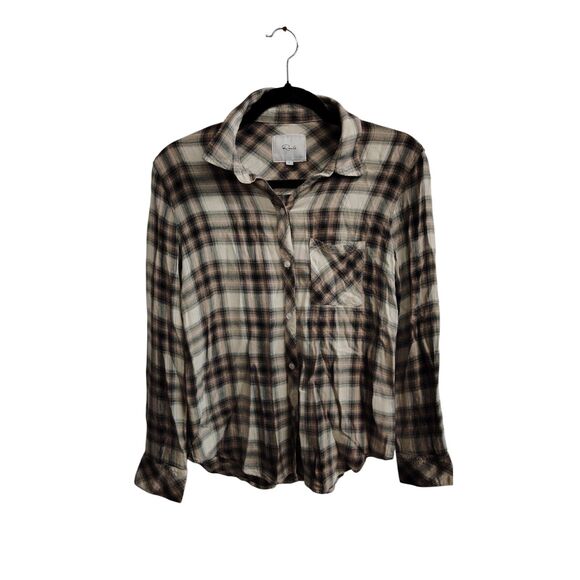 Rails Women's Small Tan, Black, & White Flannel Plaid Button UP LongSleeve Shirt - Picture 1 of 6